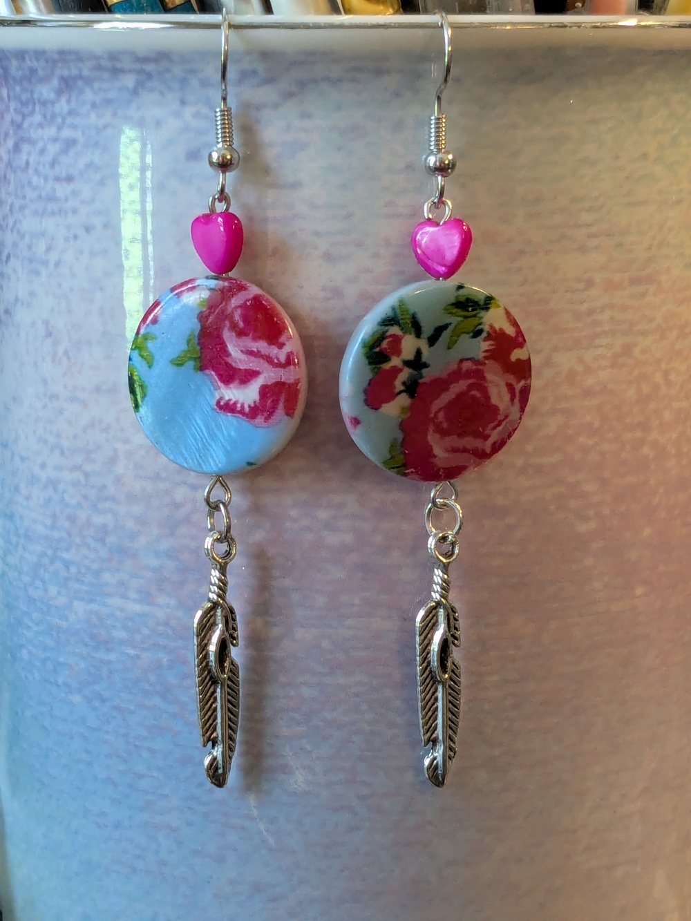 Grandma Scarf Floral Shell Drop Earrings w/ Pink Shell Hearts & Feathers